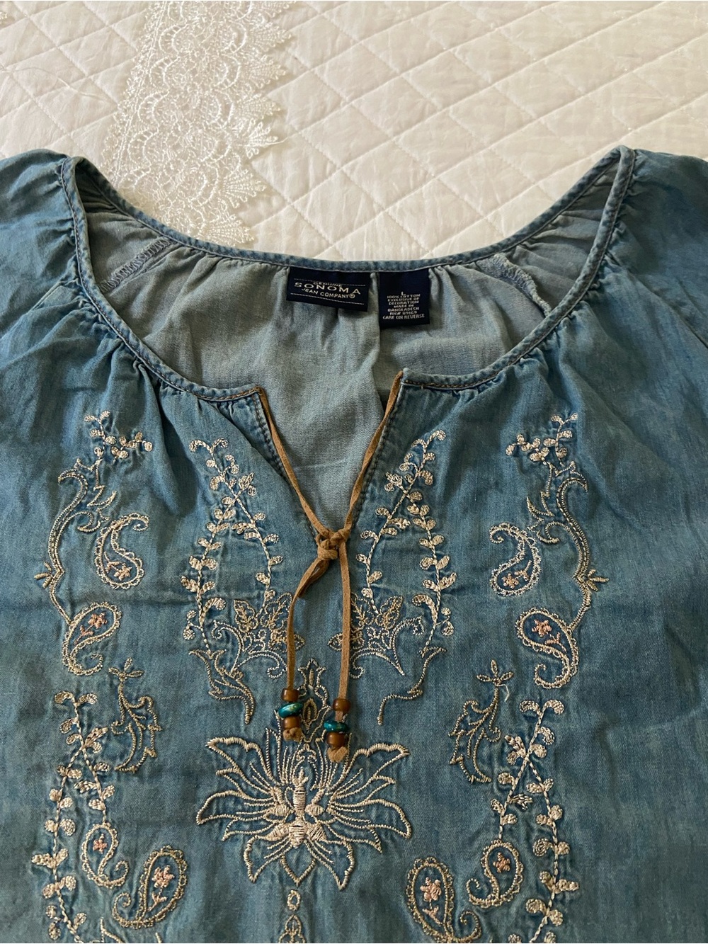 Vintage Sonoma Chambray Blue Embroidered Peasant Blouse Size Large - Picture 6 of 14